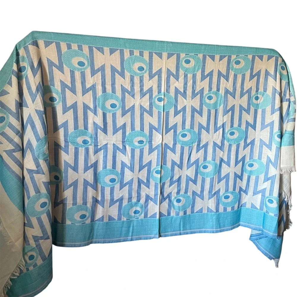 Alliance Peacock Eye Abstract Geometric Scarf Blue‎ White Cotton